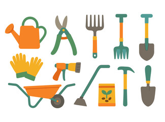 Gardening tool flat icon set. hand tools, planting essentials flat collection