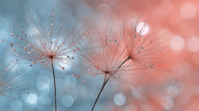 Close Up of Dandelion Seeds with Dew Drops in Soft Blue and Pink Background