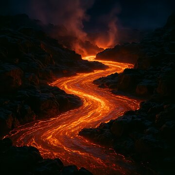 Glowing Volcanic Lava Flow at Night