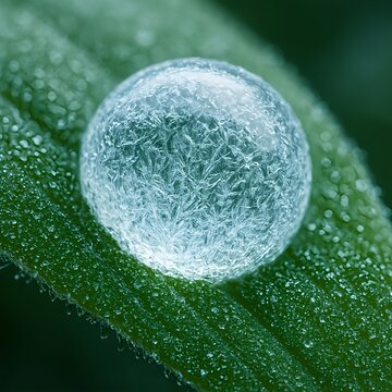 Frozen Water Droplet with Ice Crystals on Leaf