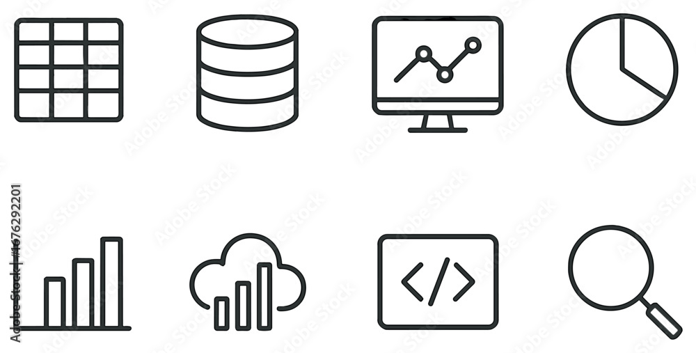 Poster data analysis linear icon set. featuring chart, database, analytics, pie chart, bar graph, cloud, co