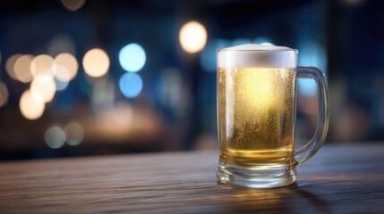 A frosty glass filled with golden beer sits atop a wooden bar. The soft glow of surrounding lights enhances the festive atmosphere ideal for national beer lover's day with friends and enjoyment