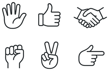 Gestures linear icon set. featuring hand, thumbs up, handshake, fist, peace sign, pointing