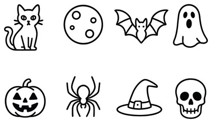 Halloween linear icon set. featuring cat, moon, bat, ghost, pumpkin, spider, witch hat, and skull symbols