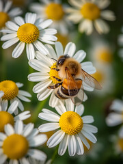 Obraz premium The honey bee feeds on the nectar of a chamomile flower. Yellow and white chamomile flowers are all around, the bee is out of focus, the background and foreground are out of focus. Macro photography.
