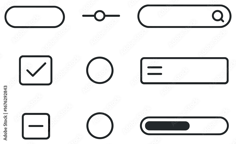 Poster web ui linear icon set. featuring button, slider, search, check, radio, input, minus, and progress s