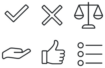 Office essentials linear icon set. featuring checkmark, cross, scales, hand, thumbs up, list