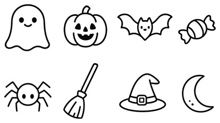 Halloween themed flat icon set. featuring ghost, pumpkin, bat, candy, spider, broom, witch hat, moon icons