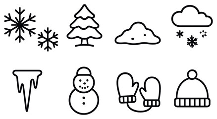Winter linear icon set. featuring snowflake, evergreen, cloud, snowfall, icicle, snowman, mittens, beanie