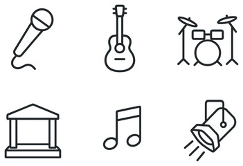 Music and performance linear icon set. featuring microphone, guitar, drums, theater, note, spotlight symbols