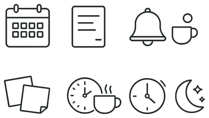 Office and productivity linear icon set. calendar, document, notification, coffee, clock, night.