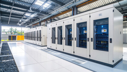 Fototapeta premium Data center server rack room with white floor and modern design, high technology equipment with blue lights inside cabinets, clean and bright environment