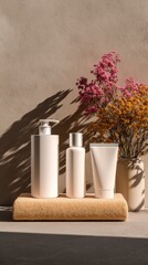 Minimalist toiletries set with flowers on towel under sunlight