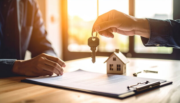 Hand holding key over contract with miniature house and person signing document on wooden table in warm sunlight