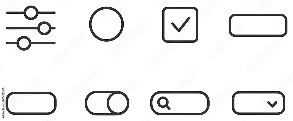 Poster ui components linear icon set. featuring sliders, circle, checkbox, button, toggle, search, dropdown