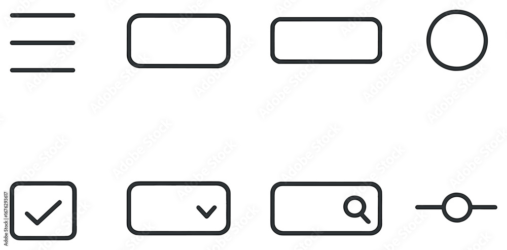 Poster interface linear icon set. featuring menu, rectangle, circle, checkmark, dropdown, search, toggle sy