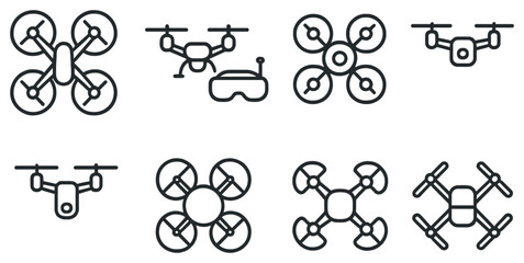 Obraz premium Drone technology linear icon set. featuring quadcopter, remote control, vr headset, delivery, and surveillance symbols