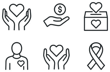 Charity and donation linear icon set. featuring hands, heart, donation box, person, ribbon symbols