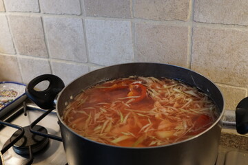Borscht is cooking in a pot on a gas stove
