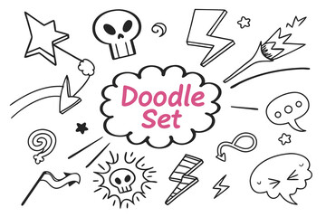 Doodle, sketch and scribble elements graphic box. Drawn mini sketches, drawings and various strokes, underlines and other scribbles. Sketches, doodles drawn with chalk, marker, pencil, crayons. Vector