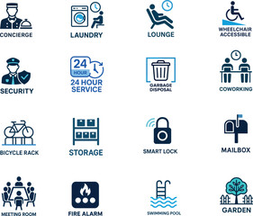 Essential Apartment Amenities Icons Set &ndash; Smart Lock, Pool, Lounge, Concierge & More