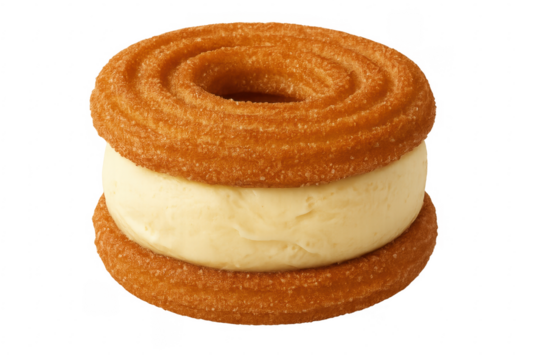 Churro ice cream sandwich floating on transparent background