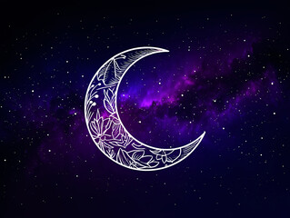 Fototapeta premium Ornate Crescent Moon with Floral Design Against Starry Galaxy Background lunar celestial