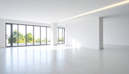 Fototapeta premium Bright empty room with large floor to ceiling windows, white walls, and tiled floor, filled with natural light and modern minimalist design