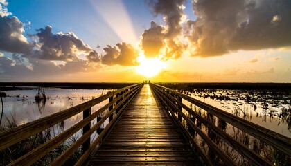 Sunrise boardwalk over marsh