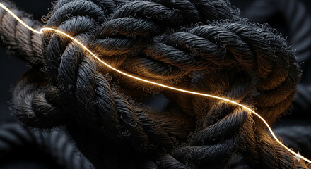 Finding clarity in chaos, a powerful business metaphor showing a single glowing golden thread navigating a tangled knot, symbolizing the perfect strategy or solution.