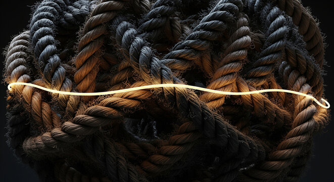 Finding clarity in chaos, a powerful business metaphor showing a single glowing golden thread navigating a tangled knot, symbolizing the perfect strategy or solution.