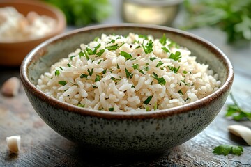 Fluffy hot rice served for clean nutrition high resolution picture