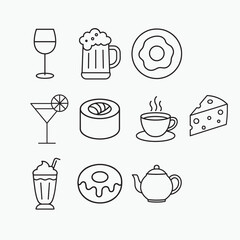 A colorful vector icon set of various food and drink items including coffee, beer, wine, and cocktails