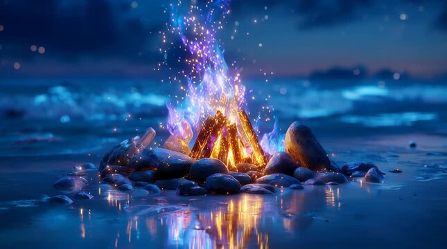 Magical bonfire with fairy flames on the ocean shore. Blue fantasy fire animation for dreamy background, meditation and relaxation