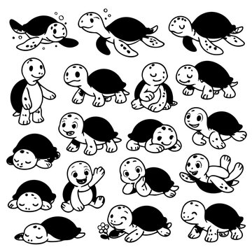 Monochrome Turtle Moments Over 20 Cartoon Vector Designs Featuring Dynamic Poses, Peaceful Sleepers & Aquatic Motion &ndash; Flat Design, No Gradients, 100% Vector Format
