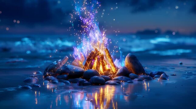 Magical bonfire with fairy flames on the ocean shore. Blue fantasy fire animation for dreamy background, meditation and relaxation