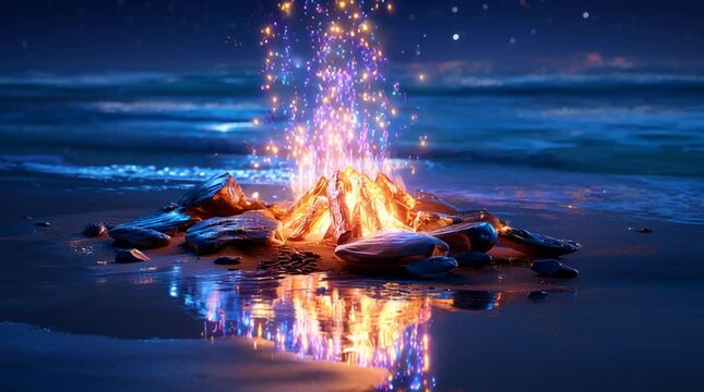 Magical bonfire with fairy flames on the ocean shore. Blue fantasy fire animation for dreamy background, meditation and relaxation