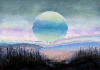 Surreal Landscape with Large Planet and Misty Mountains. Fantasy Sky with Giant Moon over Colorful...