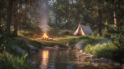 Summer forest with campfire, tent and river. Relaxing nature animation for meditation, background video and peaceful atmosphere