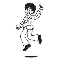 Vector artwork of a funny young man cartoon jumping energetically, presented in black and white with strong bold outlines, representing spirit, joy, and liveliness.