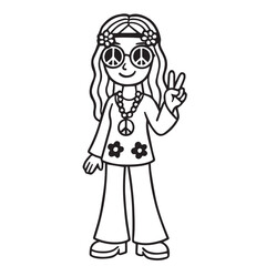 Vector cartoon illustration of a young woman in retro hippie style clothing, designed in black and white with bold strong black outlines.