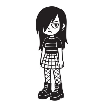Vector design of young woman in emo metal fashion, teenager look, drawn in simple black and white with distinct bold black outlines.