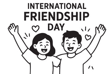 Vector art showcasing International Friendship Day theme, using minimalistic black and white concept with thick black outlines, representing equality, kindness, and support.