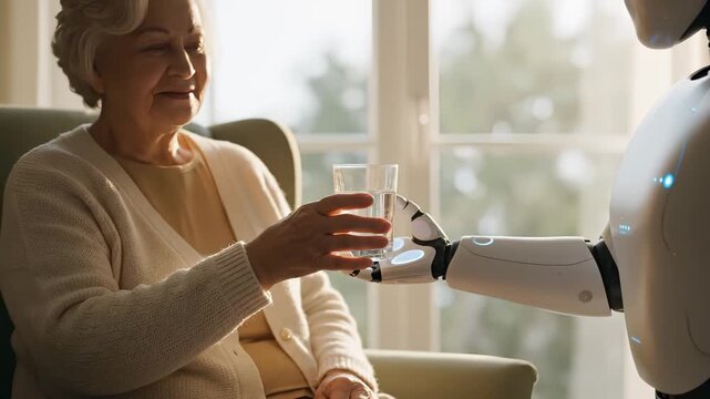 Assistive humanoid robot handing a glass of water to senior woman at home, supportive caregiving and independence for aging in place