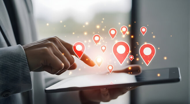 Person using a tablet with glowing digital map markers and location pins