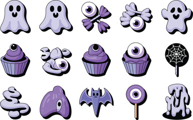 Halloween characters and treats in purple and white ghost cupcake