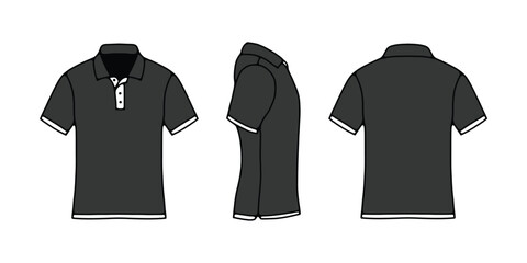Black Polo Shirt Vector Mockup. Front, Side and Back View