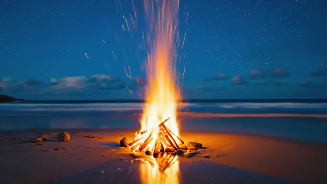 Magical bonfire with fairy flames on the ocean shore. Blue fantasy fire animation for dreamy background, meditation and relaxation