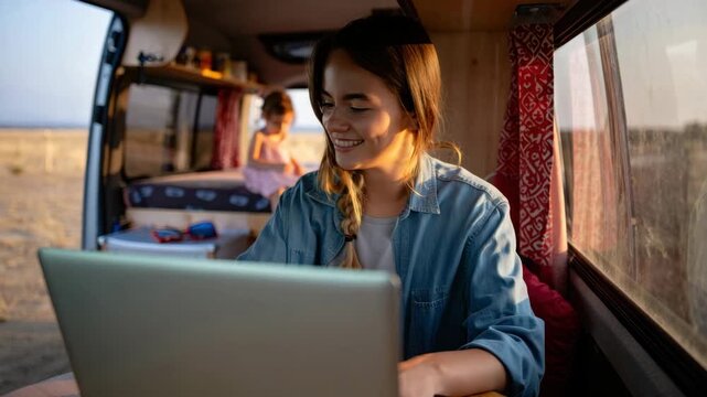 Digital nomad woman, remote work lifestyle, vanlife family, working on laptop, mobile office setup, freedom to travel, modern work culture, outdoor adventure, flexible job, sunset light