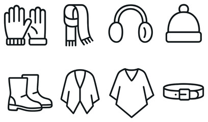Winter clothing linear icon set. featuring gloves, scarf, earmuffs, beanie, boots, cardigan, poncho, belt